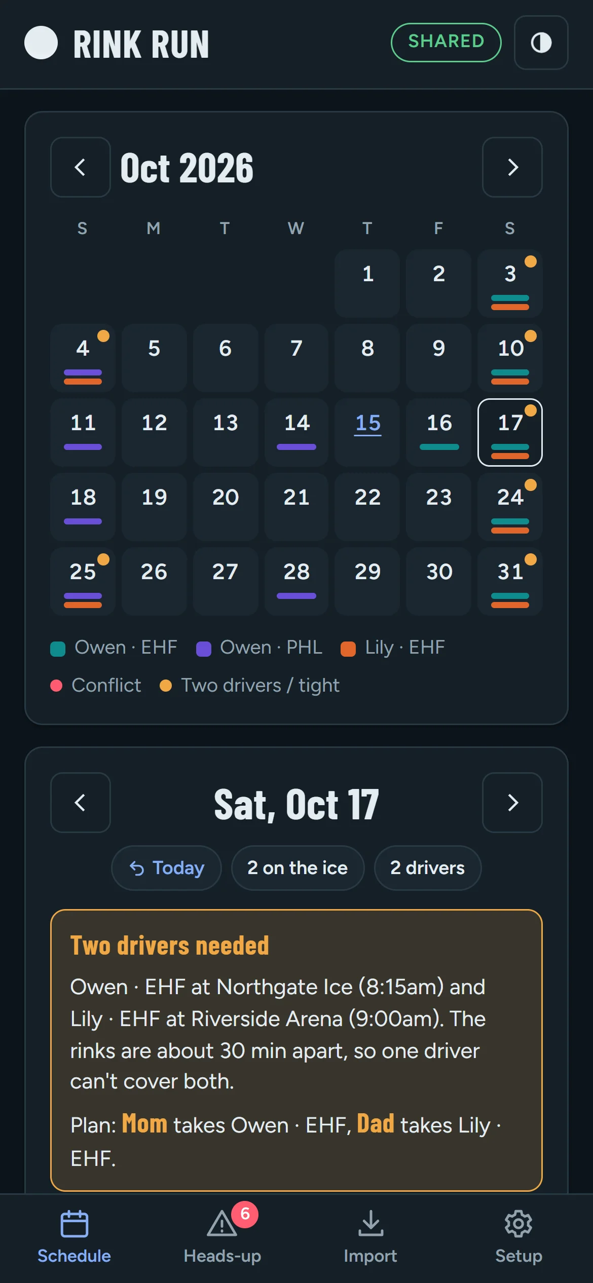 Rink Run month calendar with each team's games color-coded and a two-drivers-needed warning